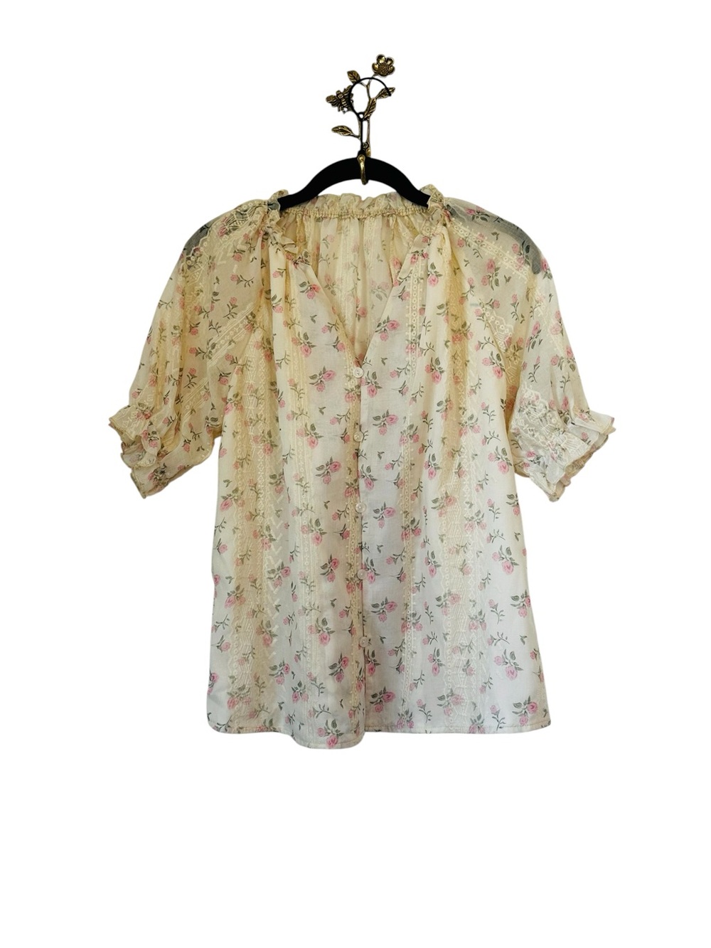 Cream Pink Floral Embroidered Puff Sleeve Blouse Cottagecore Feminine Victorian